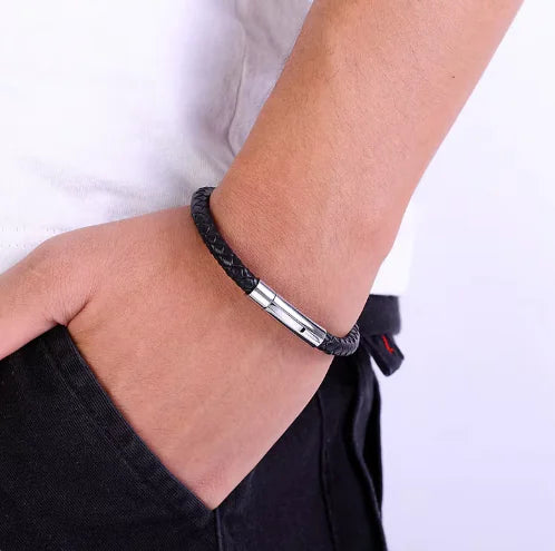 Woven Leather Bracelet - Black Stainless Steel