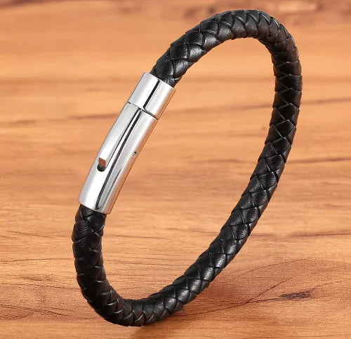 Woven Leather Bracelet - Black Stainless Steel