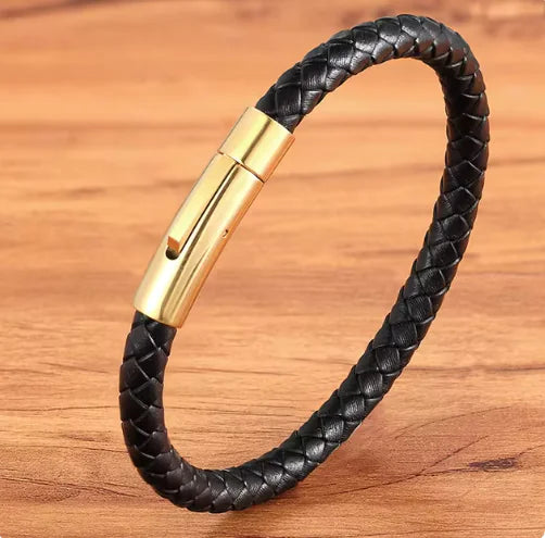 Woven Leather Bracelet - Black Stainless Steel