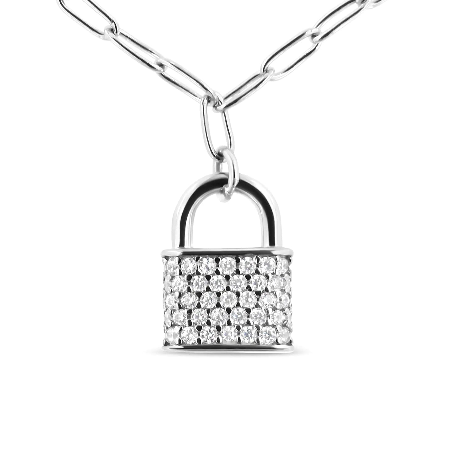 .925 Sterling Silver 1/4 Cttw Diamond Lock Pendant Necklace with Paperclip Chain