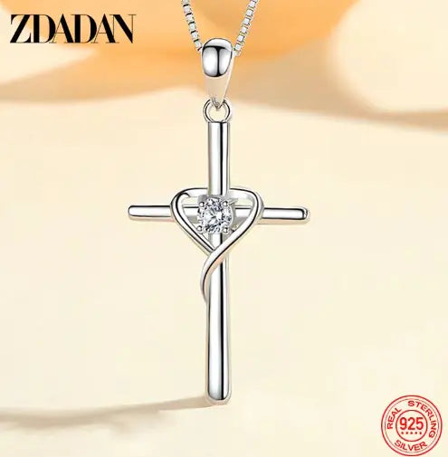 925 Silver Blue Zircon Cross Pendant Necklace for Women