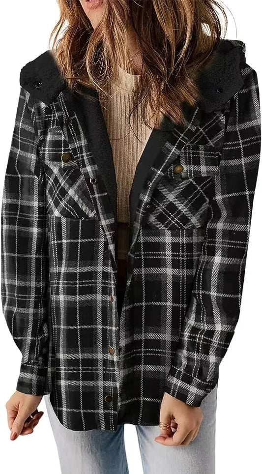 Cozy Plaid Hooded Wool Coat with Fleece Lining