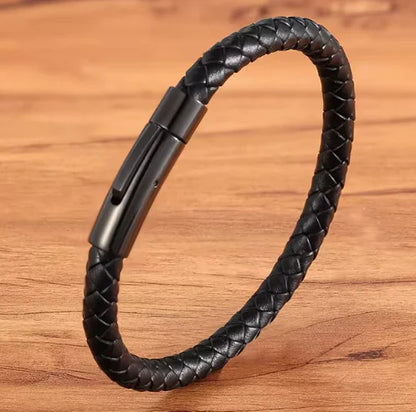 Woven Leather Bracelet - Black Stainless Steel